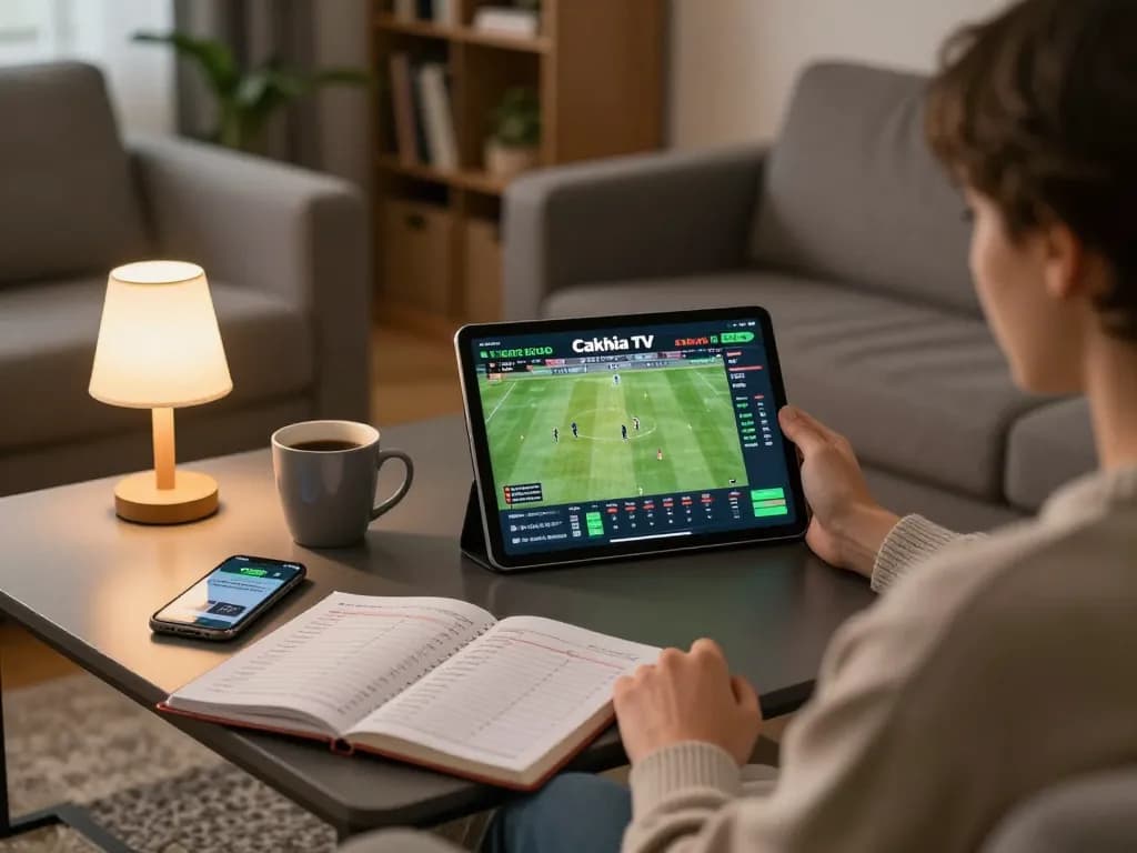 Cakhia tv user enjoying online sports betting at home with tablet and notebook.