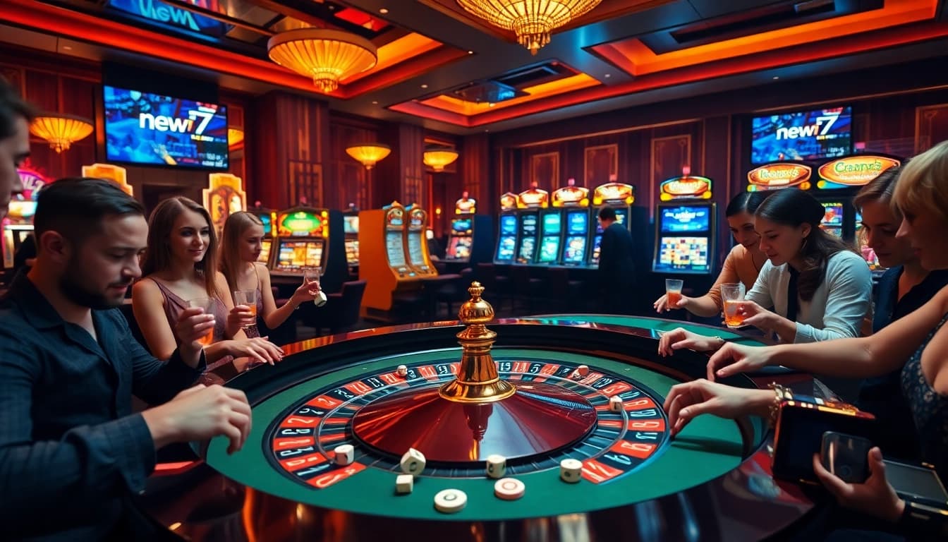 Winning strategies in the new77 casino atmosphere with vibrant roulette and slot machines.