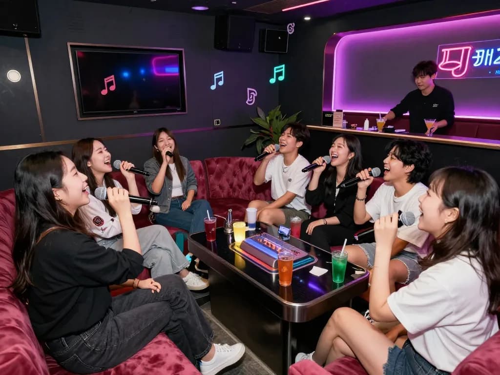 Bupyeong쓰리노에서 친구들과 음악과 음료를 즐기는 개인 노래방