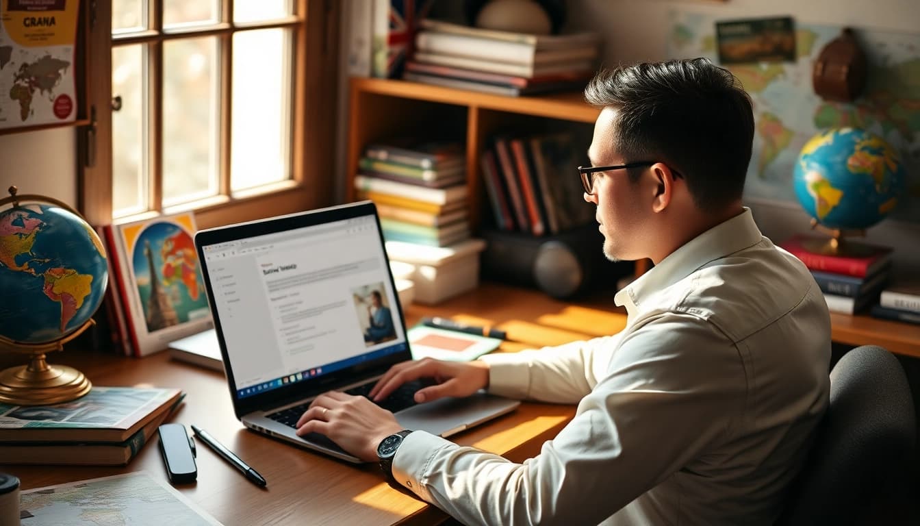 Complete the uk eta online application with ease at a cozy workspace focused on travel.