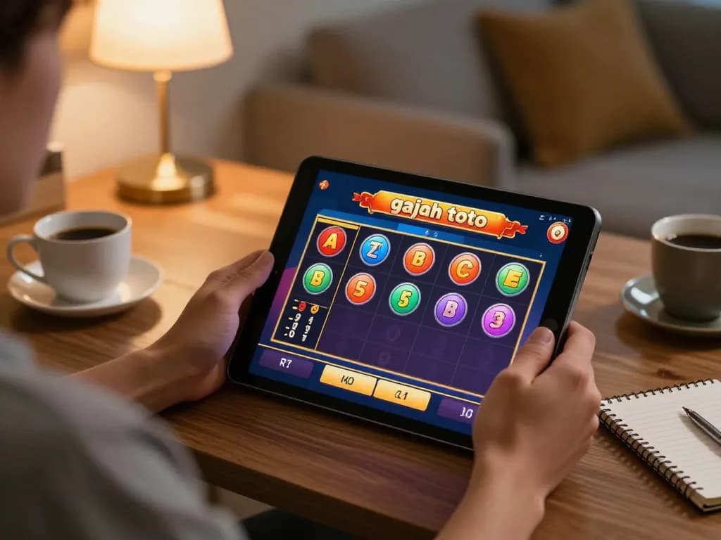 Engaged player exploring gajah toto game on a tablet, showcasing strategic betting action in a cozy home setting.