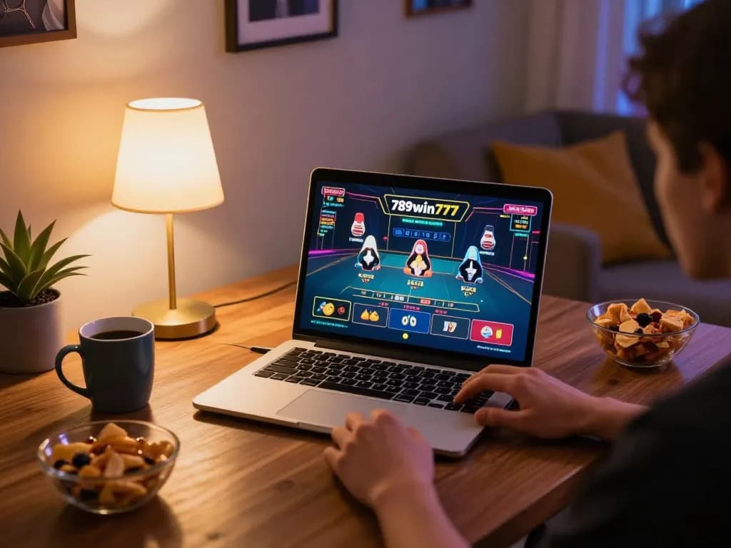 Player engaged in online gaming with 789win777 on laptop, showcasing elite gaming environment