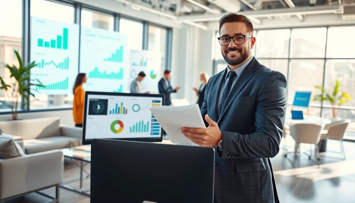 79king marketing consultant presenting digital analytics in a vibrant office.