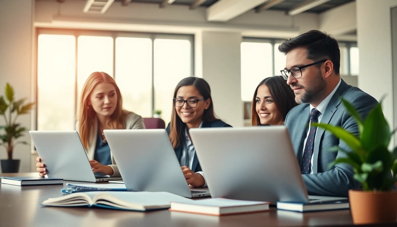 Engaged legal professionals collaborate at https://www.mainorellis.com in a modern office.
