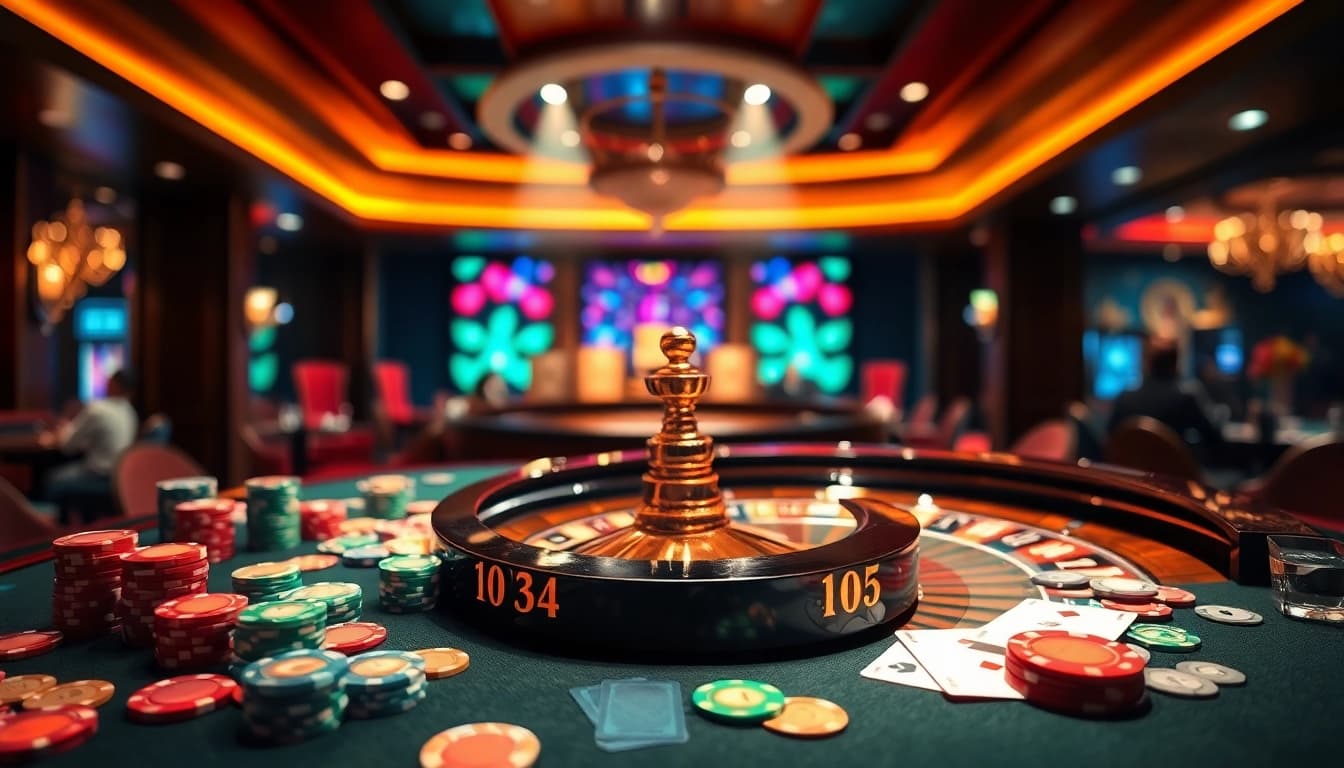 Permainan bbni4d dengan chip poker warna-warni di meja kasino yang mewah.