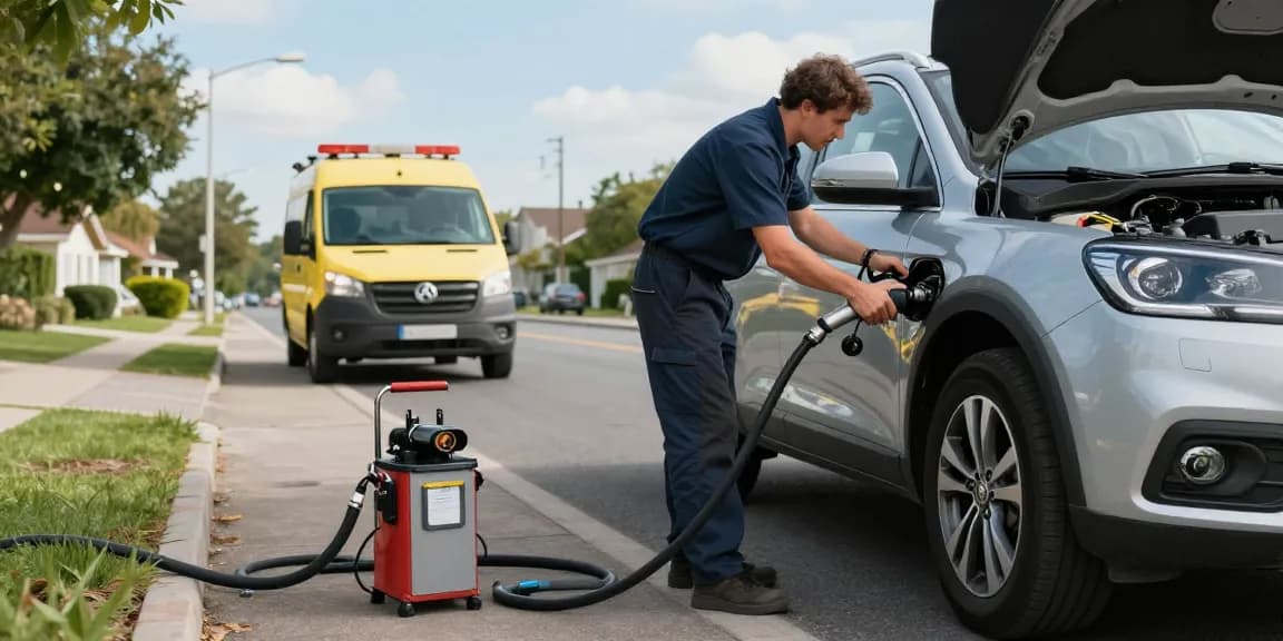 Fuel technician draining petrol in diesel car at roadside service, ensuring safe recovery.