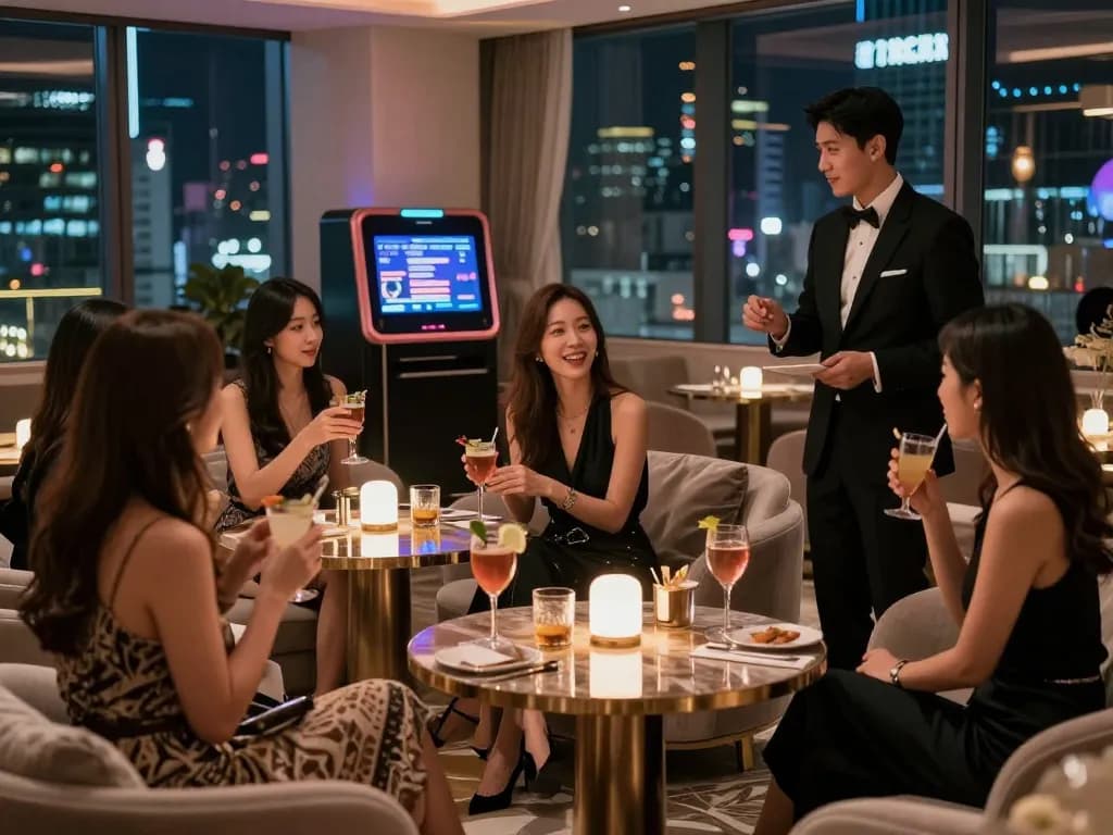 Upscale 강남쩜오 lounge scene showcasing vibrant nightlife with stylish décor and patrons enjoying cocktails.