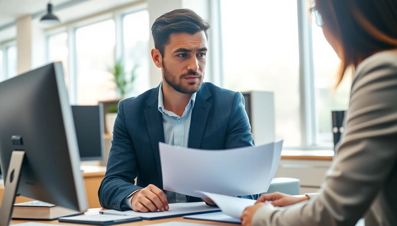 Änderungskündigung - Rechtlicher Berater diskutiert Vertragsänderungen mit einem Kunden in einem modernen Büro.