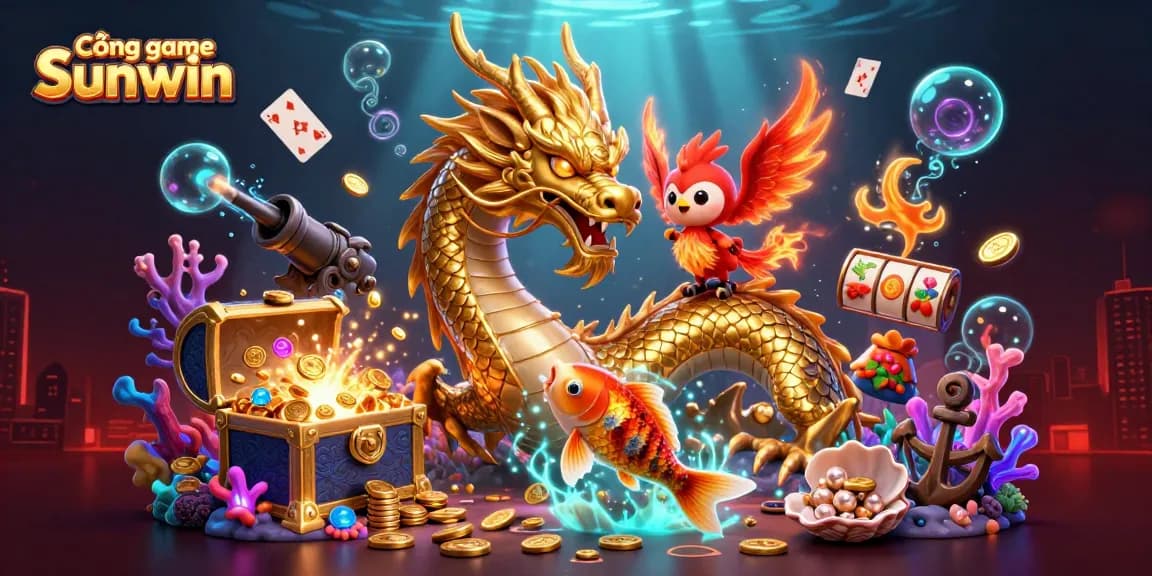 Cổng game Sunwin features an epic scene with a golden dragon, phoenix, and koi fish among casino symbols.
