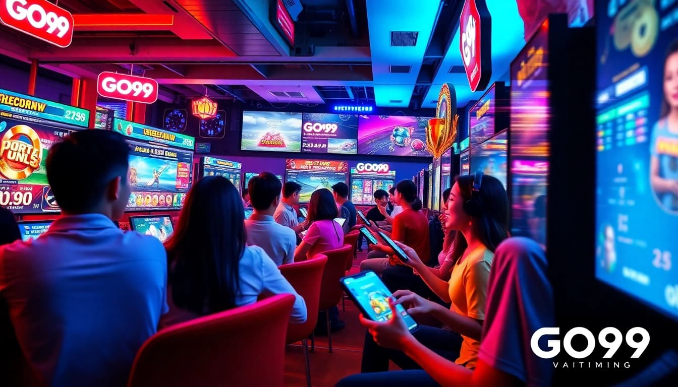 GO99 platform showcasing vibrant online gaming experience with dynamic screens and excited players.