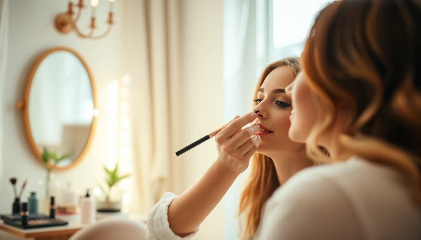 Maryland makeup artist applying makeup with professional techniques in a bright studio setting.