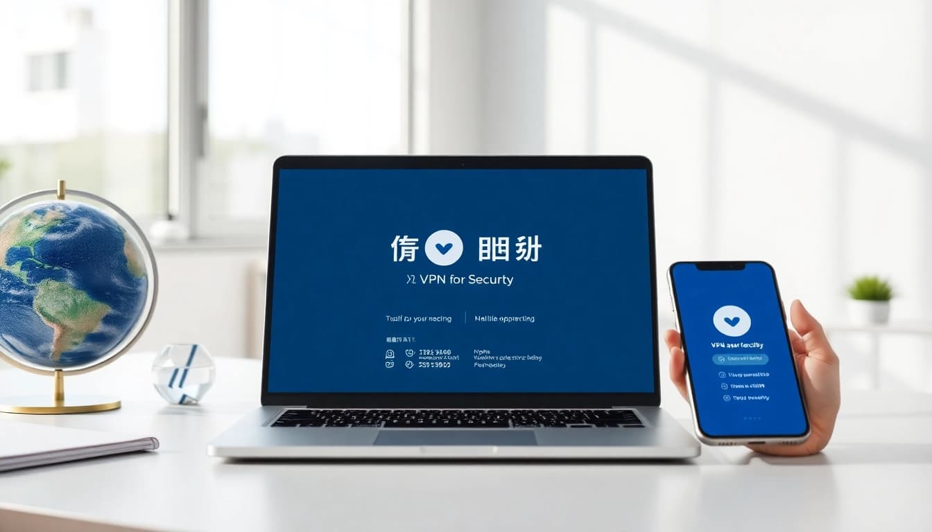 笔记本电脑与智能手机上的快连VPN界面，展示全球连接性与安全特性。