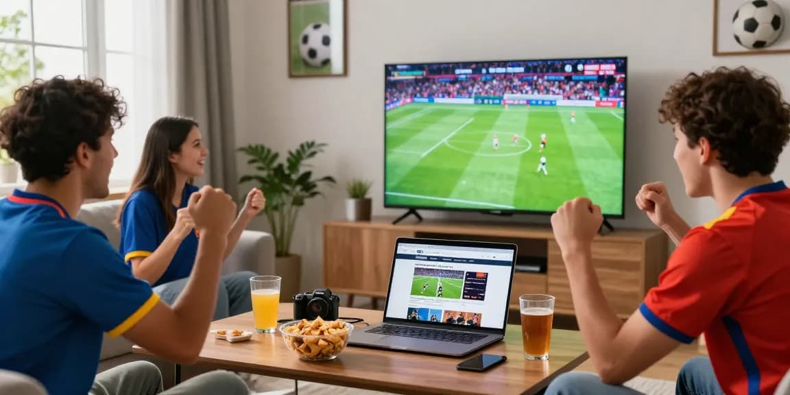 Excited fan enjoying koora tv while watching live sports in a cozy setting.