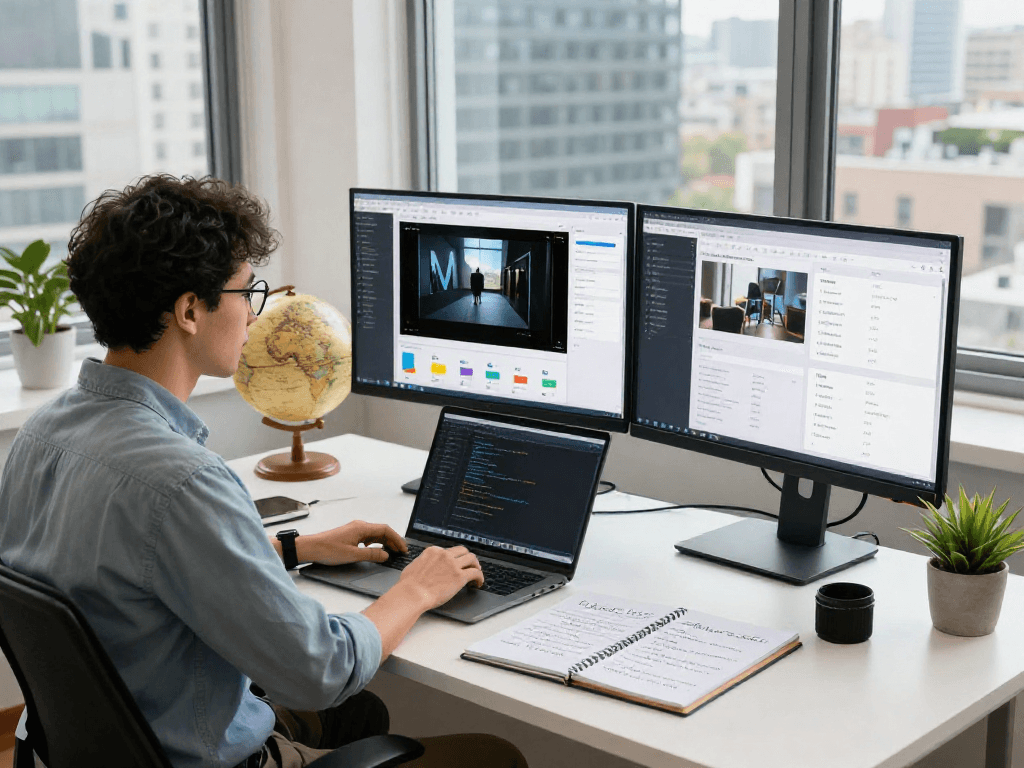 Data scientist analyzing content using an ai image detector in a modern workspace