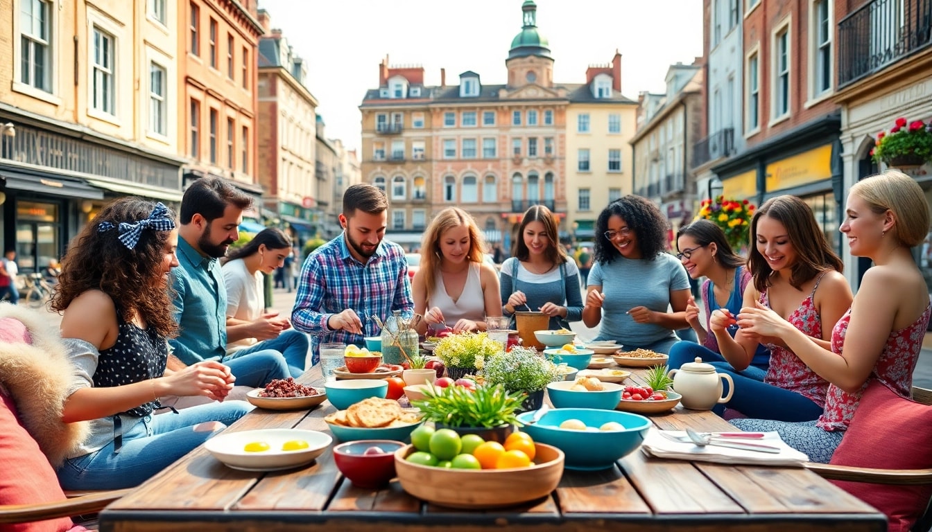 Engaging scene of a UK Lifestyle Blog showcasing diverse activities in a vibrant urban setting.