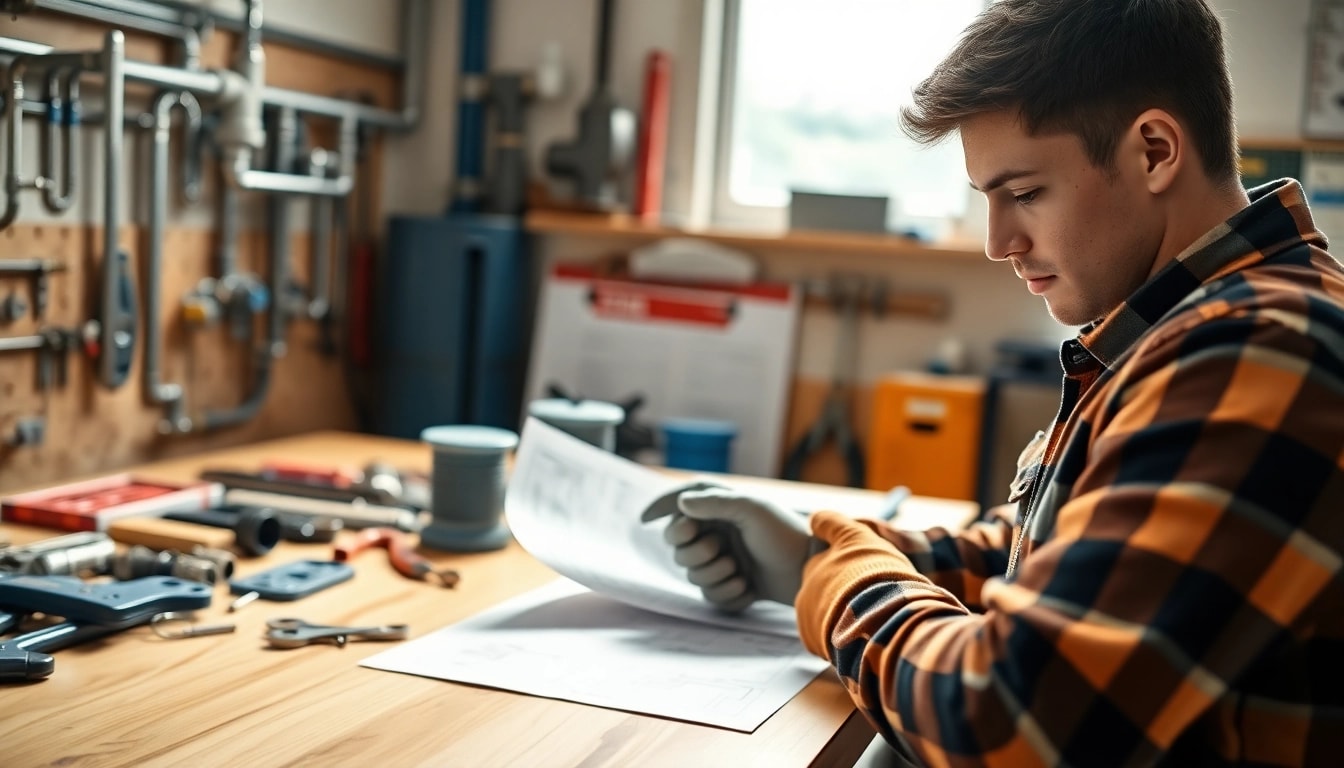 Engaged in plumbing apprenticeship, a young adult studies while surrounded by tools.