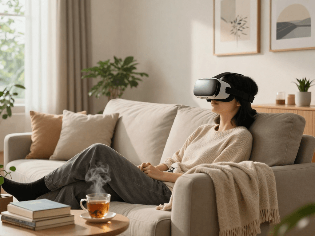 Relaxing home scene with a person using a VR headset, embodying the chill vibes of Motchill.