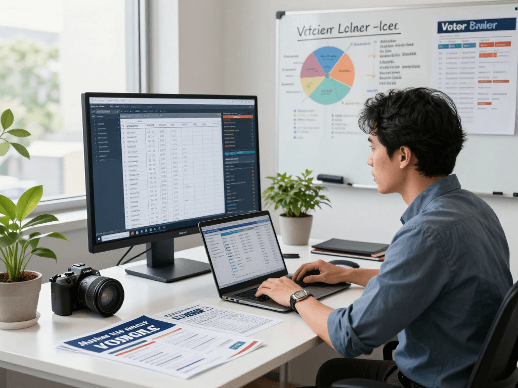 Political strategist analyzing message testing polling data in a modern office setup.