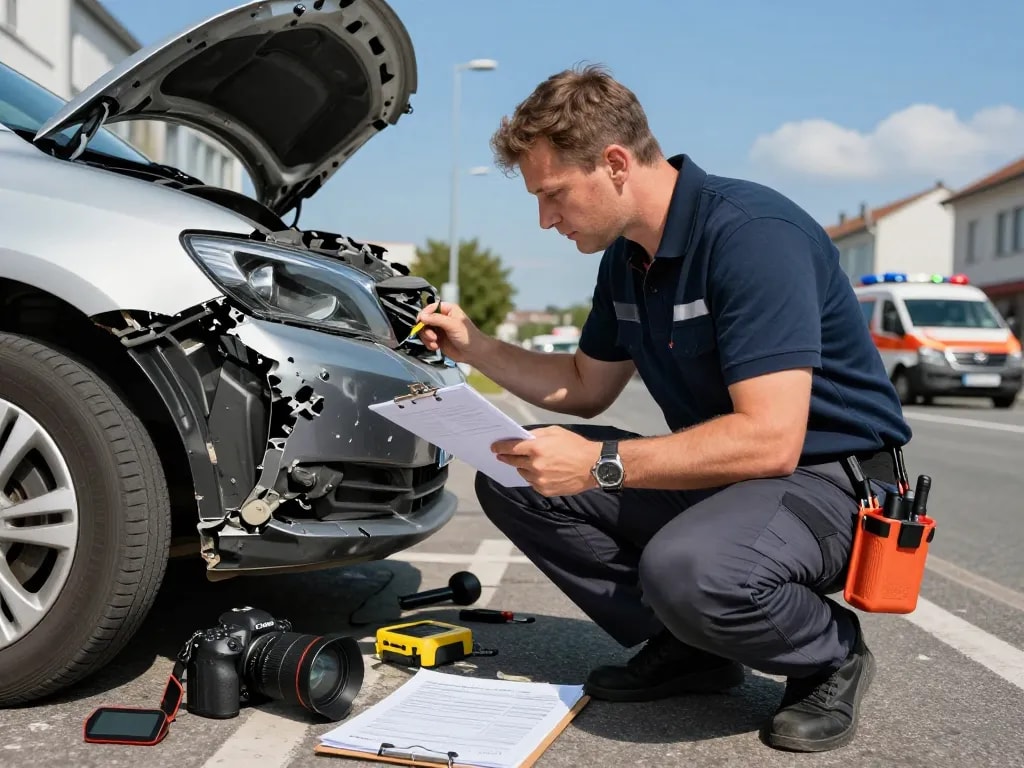 Kfz Gutachter inspiziert Fahrzeugschaden am Unfallort, zeigt professionelle Werkzeuge und umfassende Bewertung.