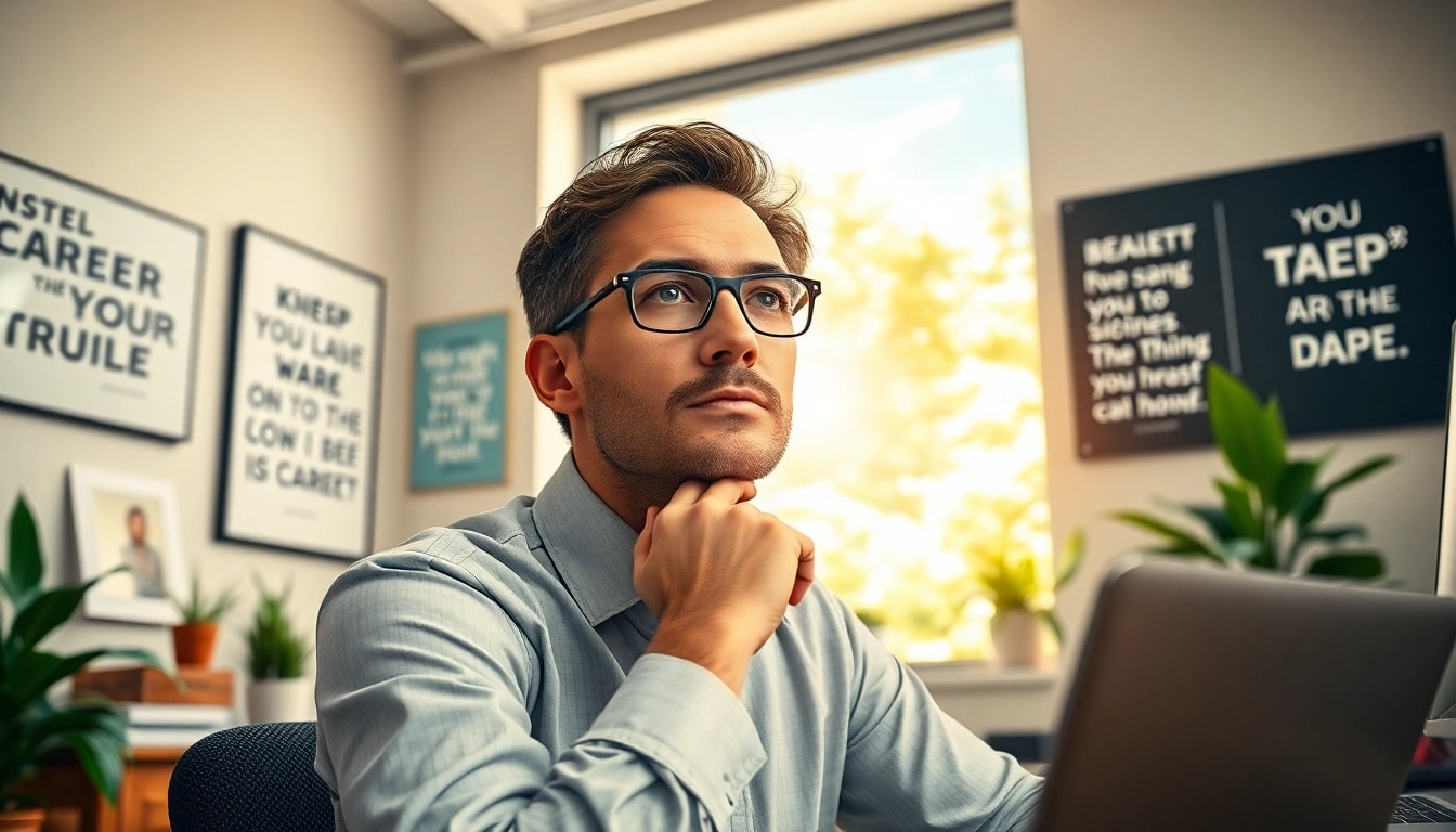 Find my true calling as a person reflects on their career in a bright, inspirational office space.