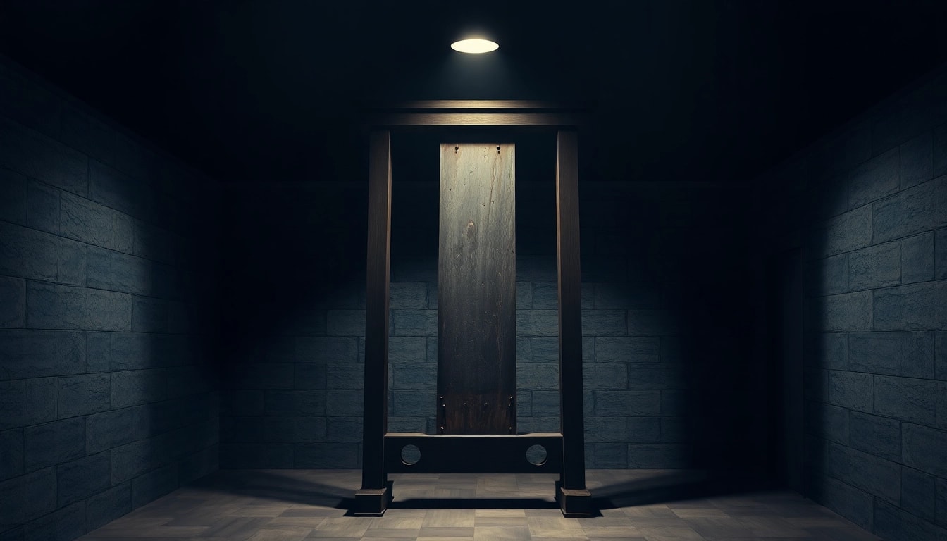 Explore the guillotine origin phrase and its historical significance through a striking image of a guillotine.