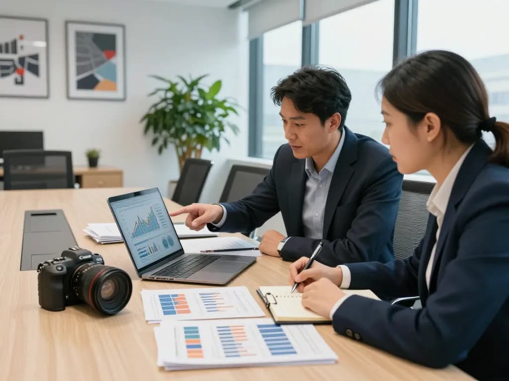 현대 사무실 환경에서 폰테크 나라에 대해 전략을 세우는 비즈니스 전문가들.
