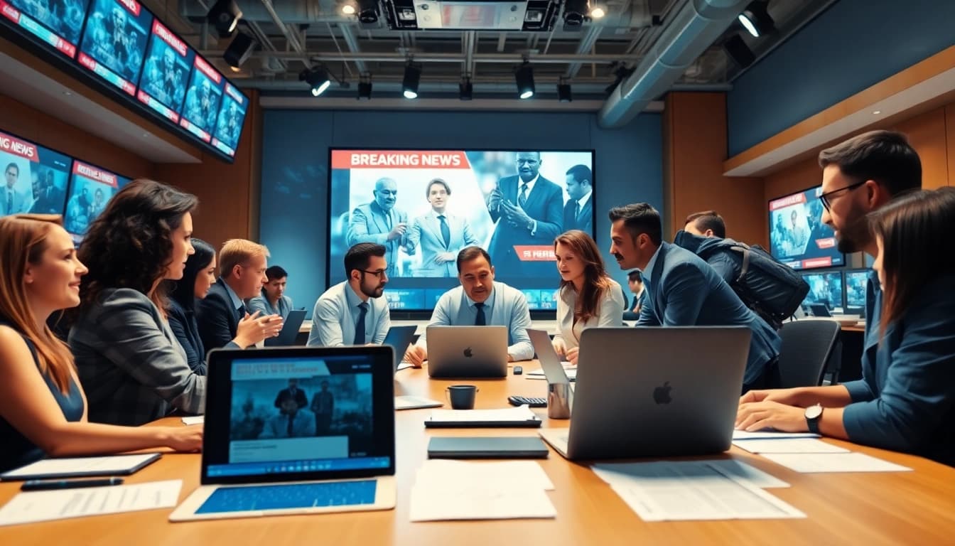 Journalists collaborate in a vibrant newsroom to deliver crucial news insights.