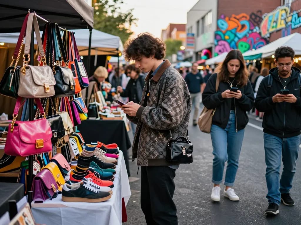 Fashionable individual exploring 레플리카 accessories in a bustling urban market, vibrant scene with colorful handbags and street art.