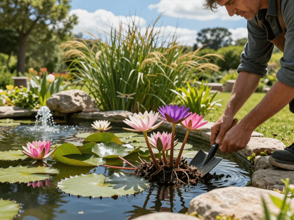 Buy Water Lilies in a tranquil garden pond with vibrant blooms and a gardener tending the plants.