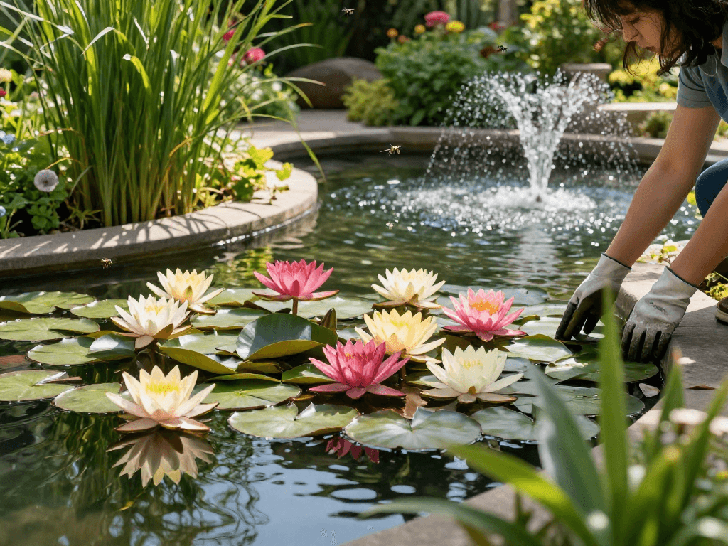 Vibrant water lilies blooming in a tranquil garden pond with a caretaker tending to edges.