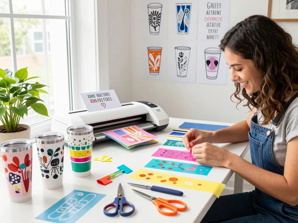 Cricut SVG bundle displayed in a creative workspace, featuring custom tumbler designs and crafting tools.