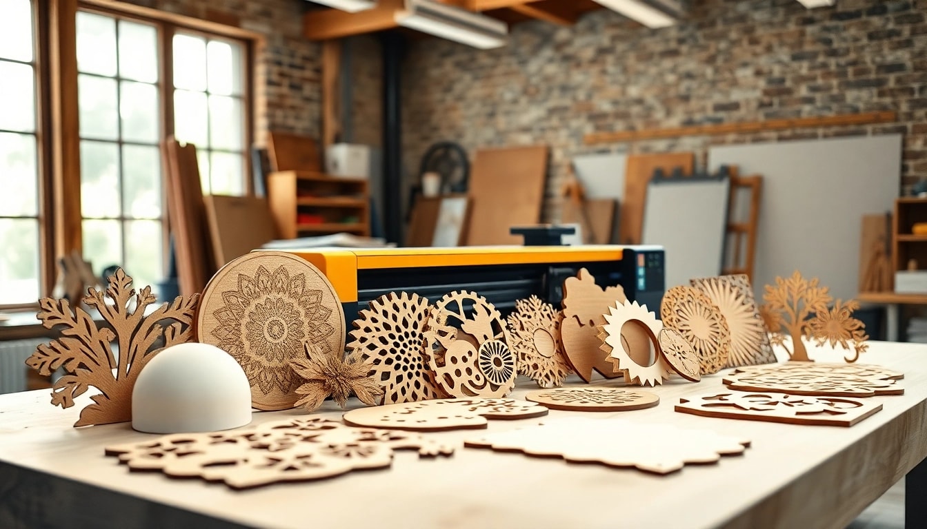 Showcasing laser cutting designs on a studio workbench with wood and acrylic materials.