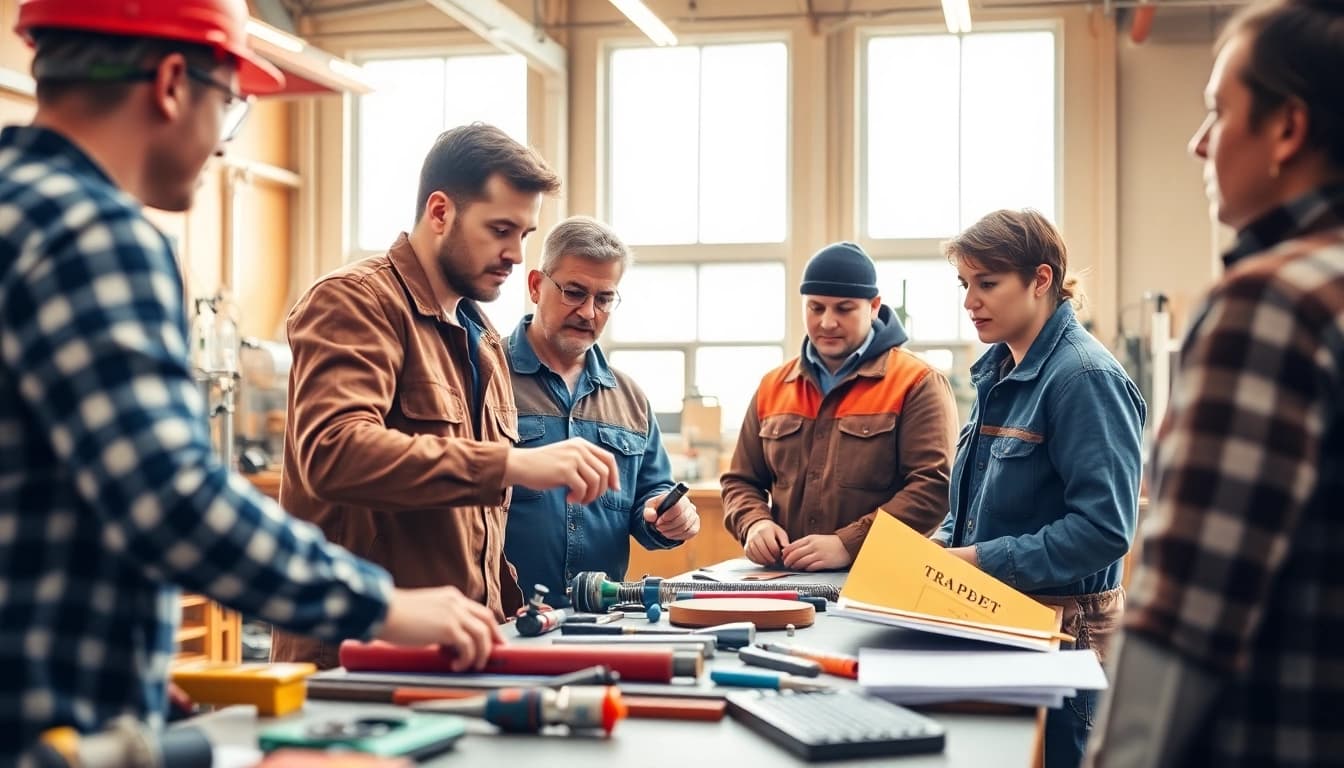 Skilled trades training session with an instructor guiding students in a workshop.