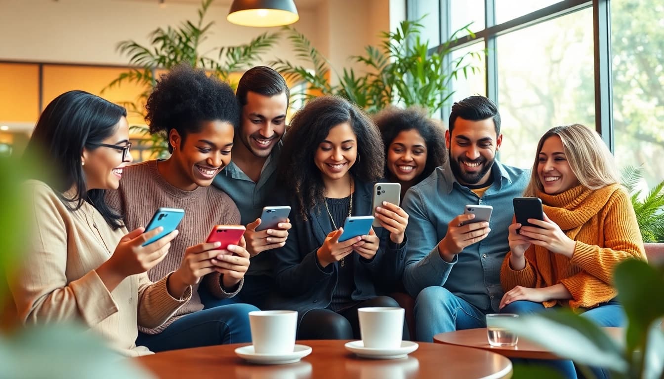 People engaging with the Jalwa app in a cozy coffee shop setting, showcasing connection and entertainment.