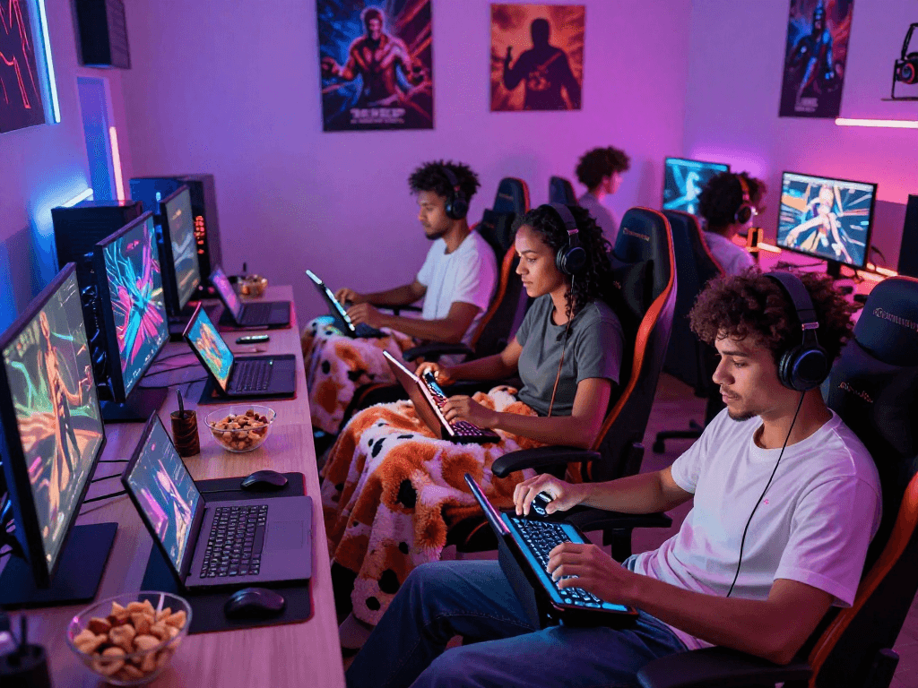 Diverse gamers enjoying various adult games on laptops and smartphones in a colorful, immersive environment.