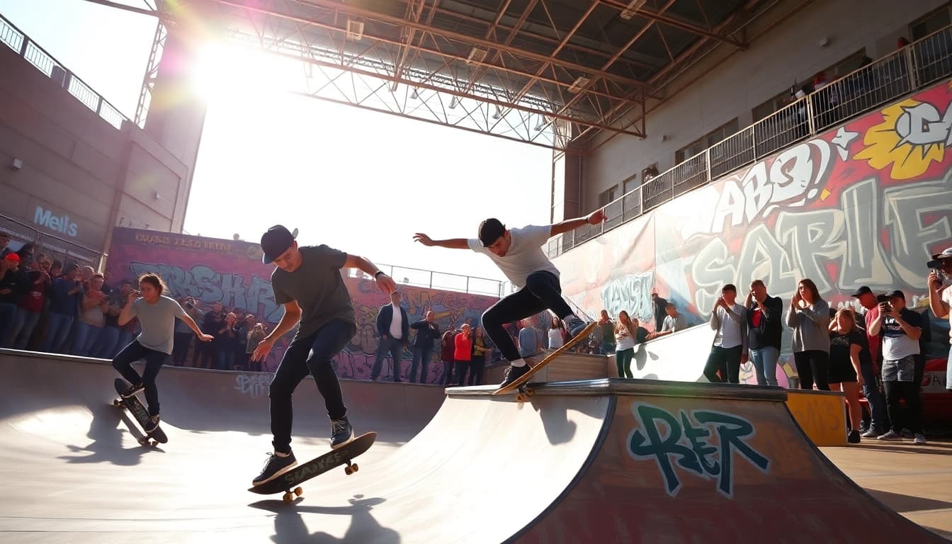 Des jeunes s'entraînent lors d'un stage de skate paris avec des figures impressionnantes dans une ambiance urbaine.