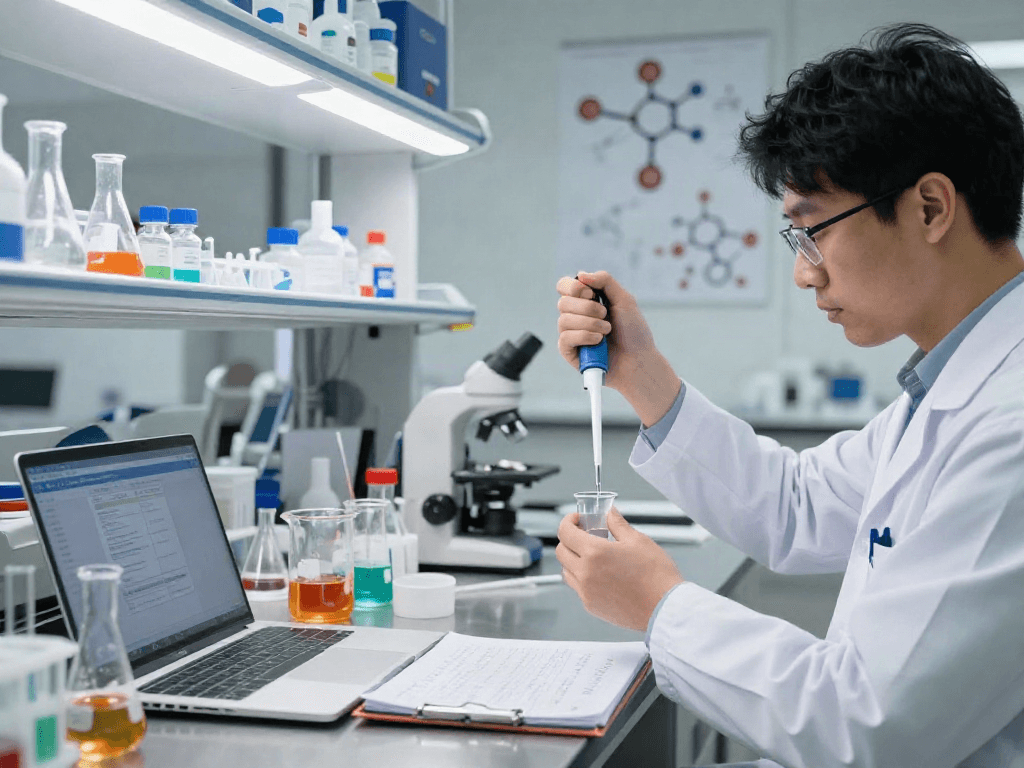 Research compounds supplier in a modern lab with colorful chemicals and organized equipment.