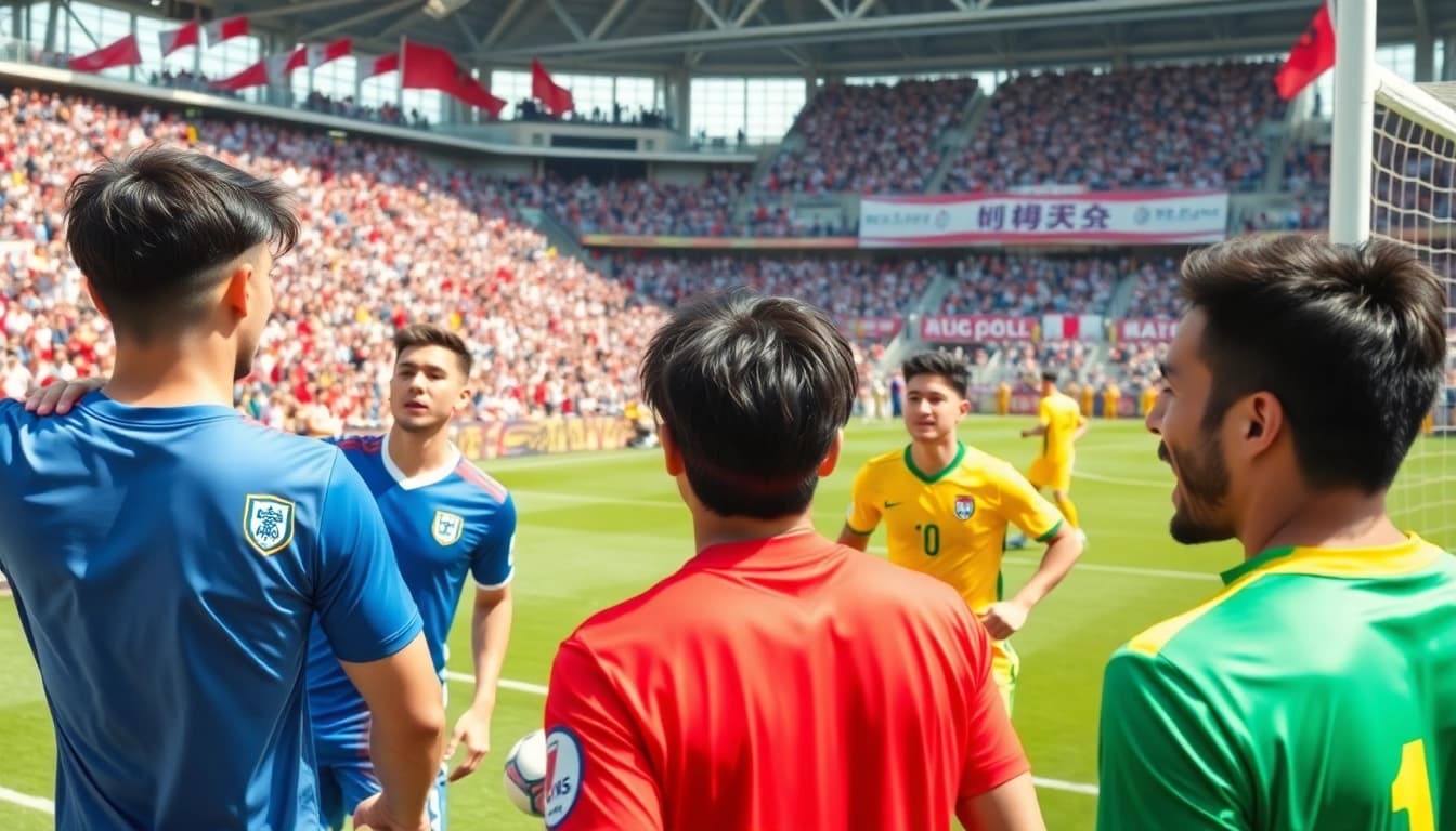 해외축구중계 보며 응원하는 팬들과 선수들이 활기찬 분위기를 자아내는 장면