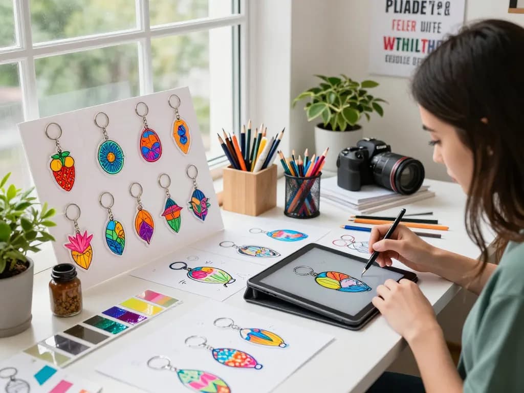 Designer creating custom acrylic keychains surrounded by vibrant materials and digital art.