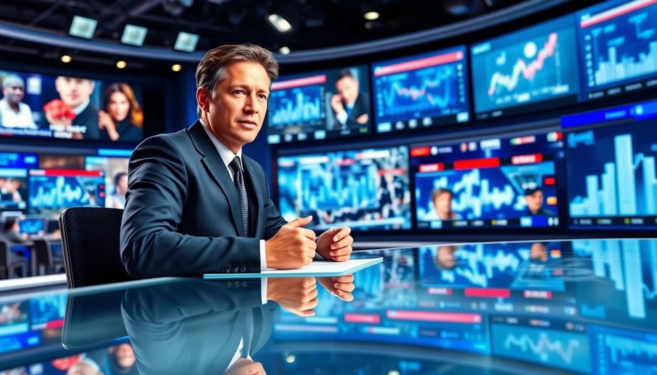 Engaging news anchor delivering breaking news in a modern newsroom.