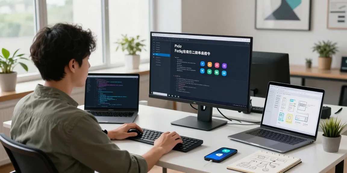 Developer coding 纸飞机中文版 interface in a modern workspace.