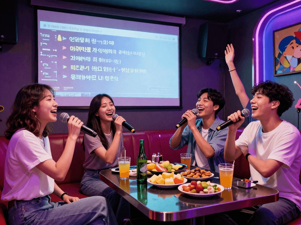 강남 타이밍에서 친구들과 즐기는 화려한 노래방 분위기