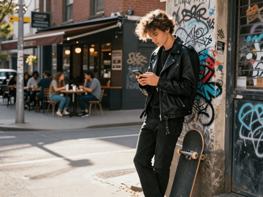 Stylish young man in a men's leather jacket enjoying urban life against a graffiti backdrop.