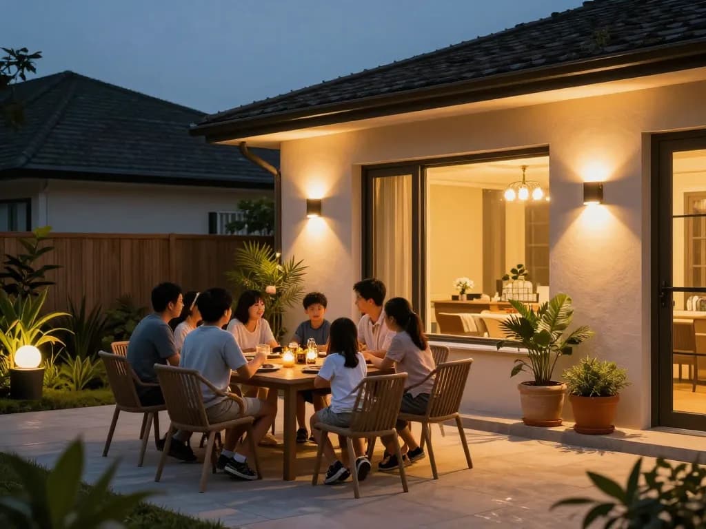 Dusk to dawn outdoor lights illuminating a family gathering on a patio at dusk, creating a warm and inviting atmosphere
