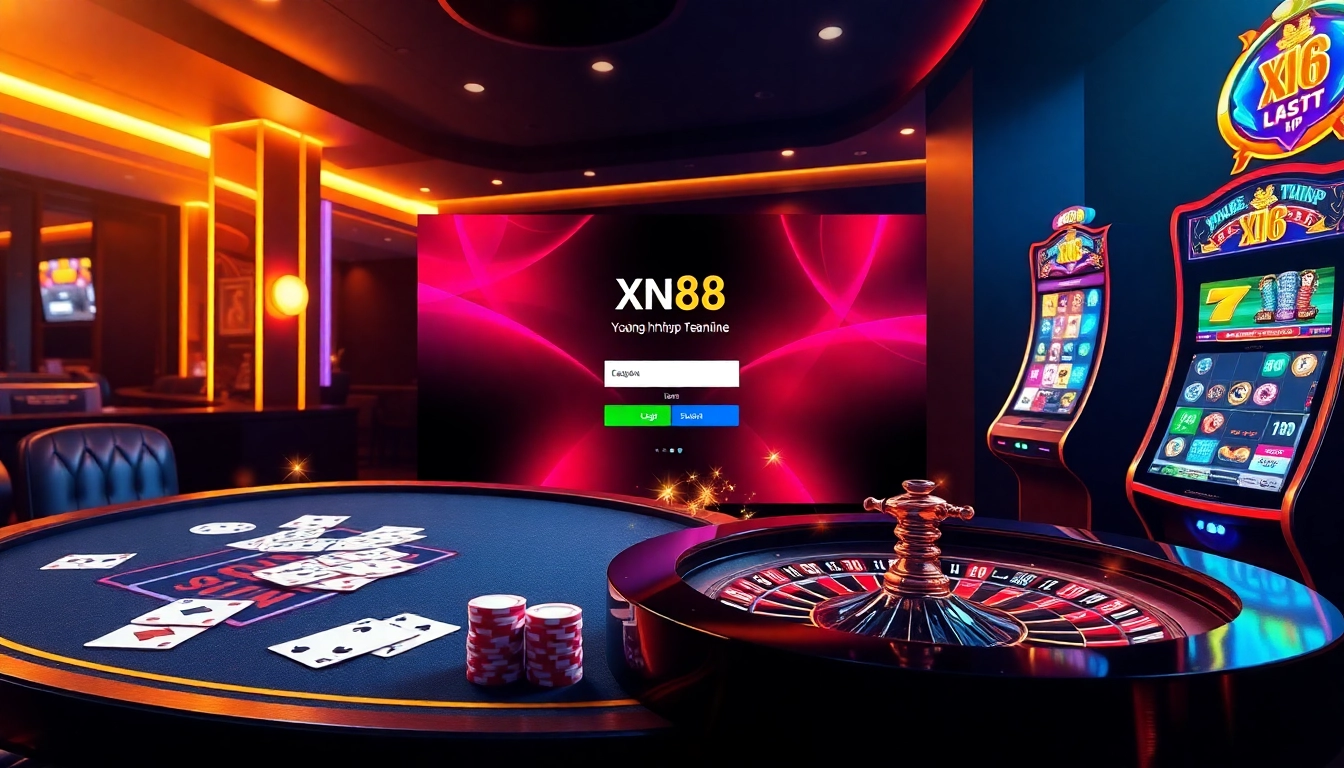 Experience the thrill of online gaming with Đăng Nhập XN88, showcasing a vibrant casino environment filled with excitement and luxury.