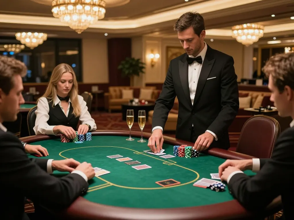 Engaged players in a VIP area placing strategic bets at the poker table in an upscale casino while enjoying champagne, embodying the essence of vipwin.