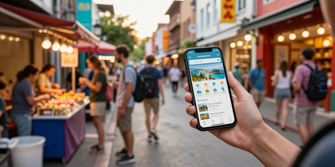Discover travefy alternatives with a traveler using JourneyFuse in a vibrant city.