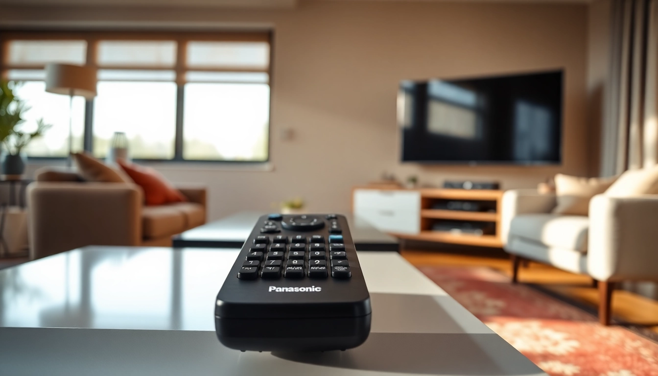 Panasonic Fernbedienung auf einem eleganten Couchtisch in einem modernen Wohnzimmer.