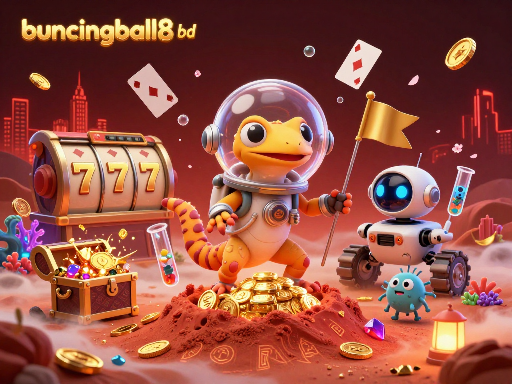 Bouncingball8 bd transforms gaming with vibrant slots and dynamic casino elements in a Martian themed illustration.