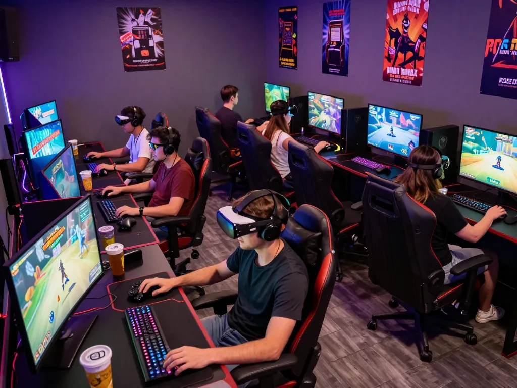 Group enjoying porn games online at a vibrant gaming café.